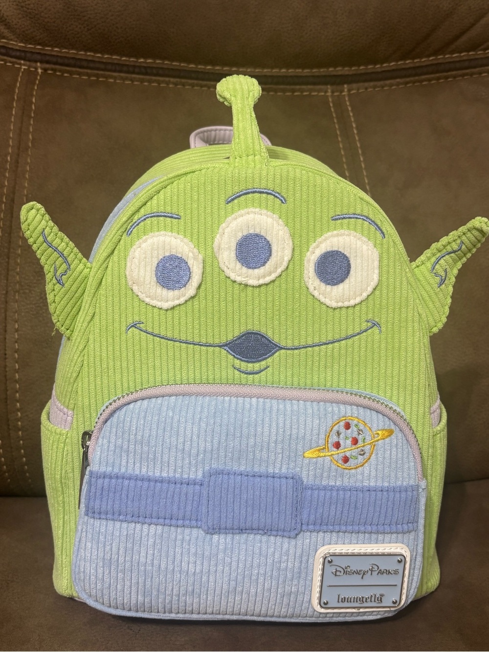 Loungefly Disney Alien Corduroy Mini Backpack in Lime Green and Light Blue